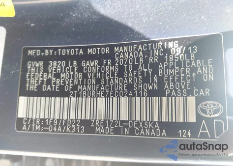 2014 Toyota Corolla S Plus z USA, uszkodzony, nr VIN 2T1BURHE7EC024116